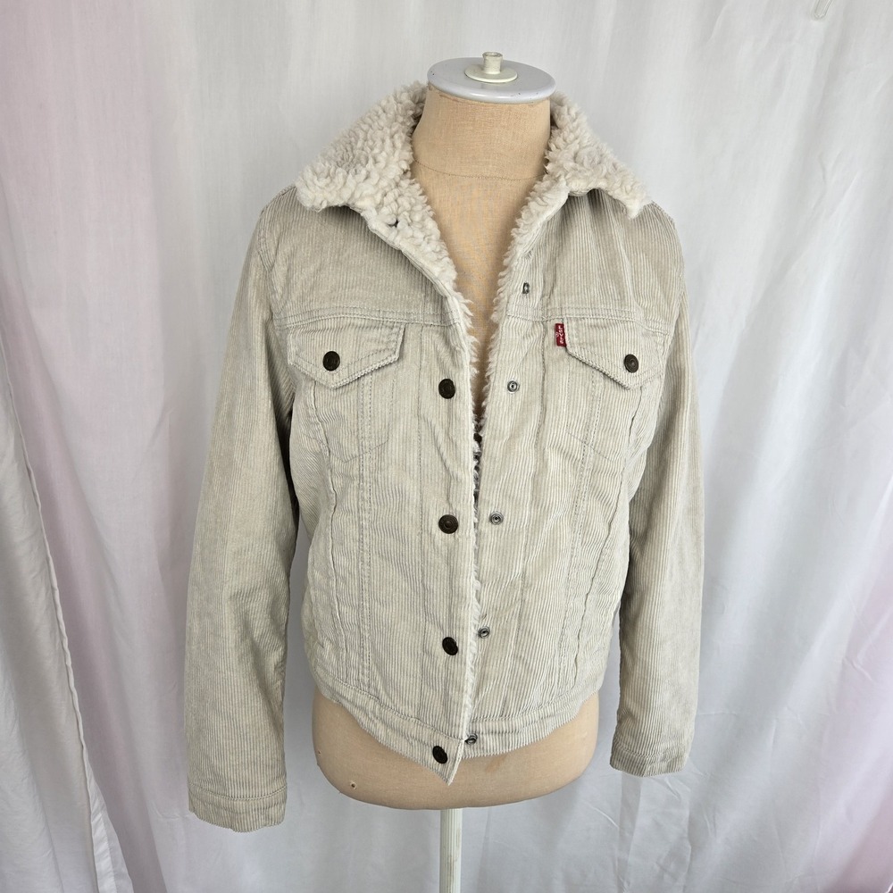 Levi's Womens Sherpa Lined Corduroy Trucker Jacket Off White Size S Retro‎